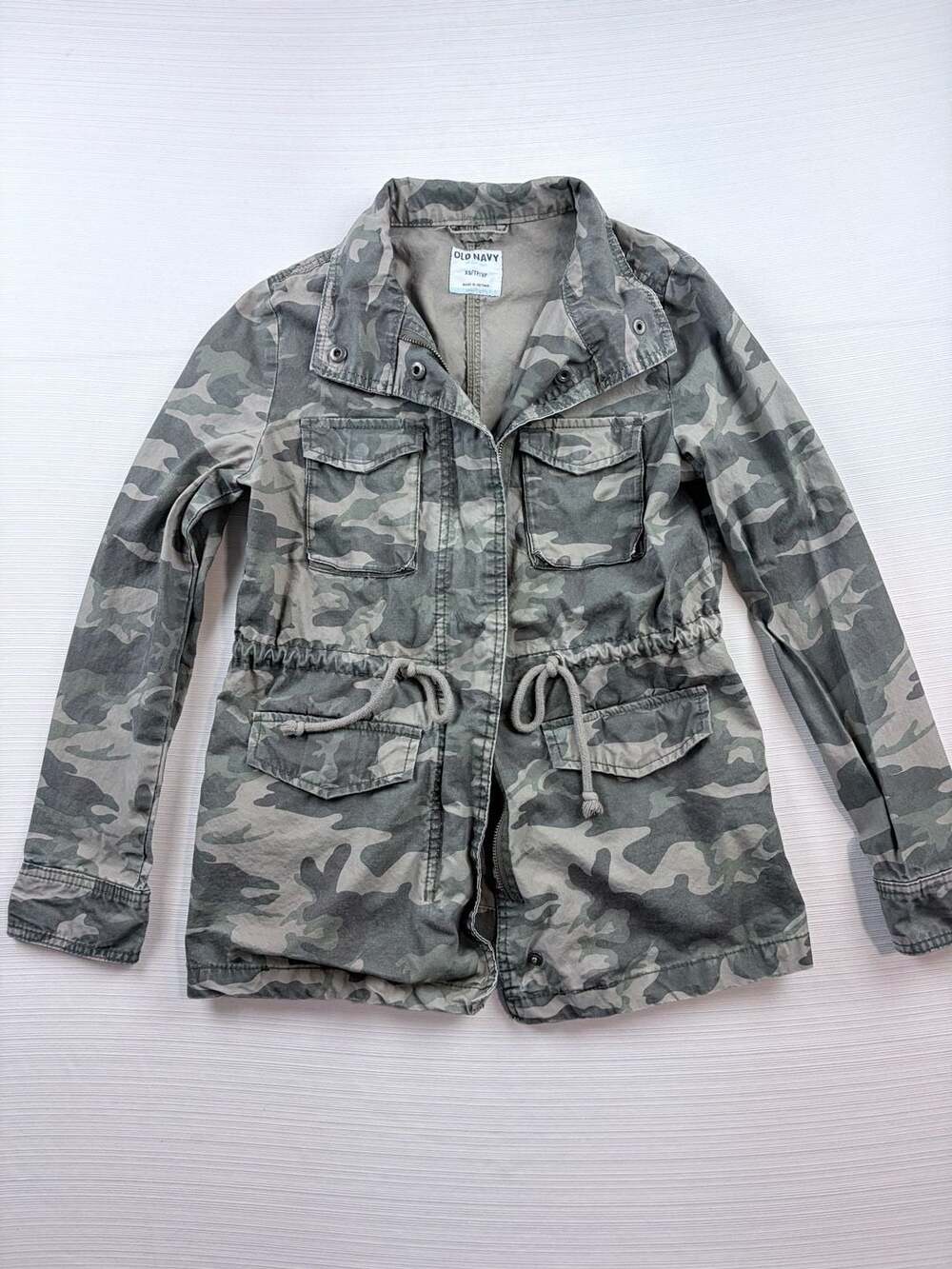 Old Navy Utility Jacket Size XS Green Camo Full Zip Drawstring Safari